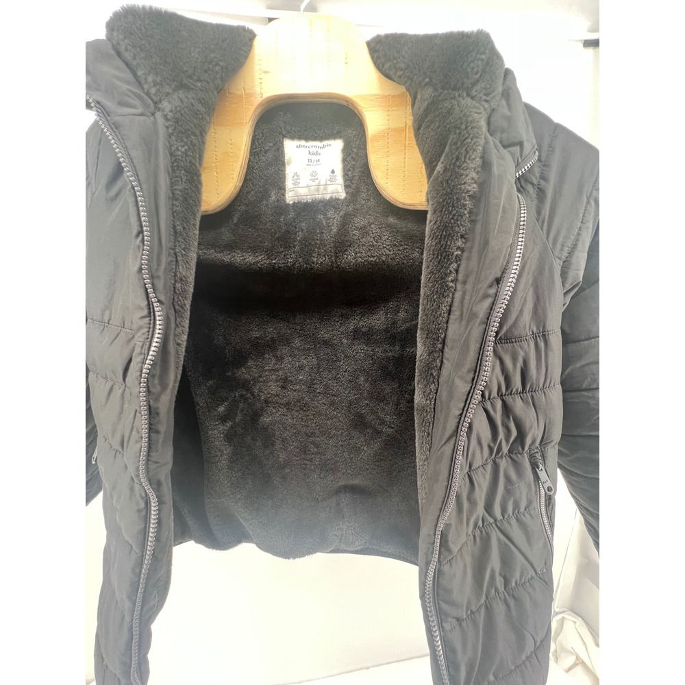 Abercrombie Kids Black Puffer Jacket Hooded Faux Fur Lined Wind Water R 13 14